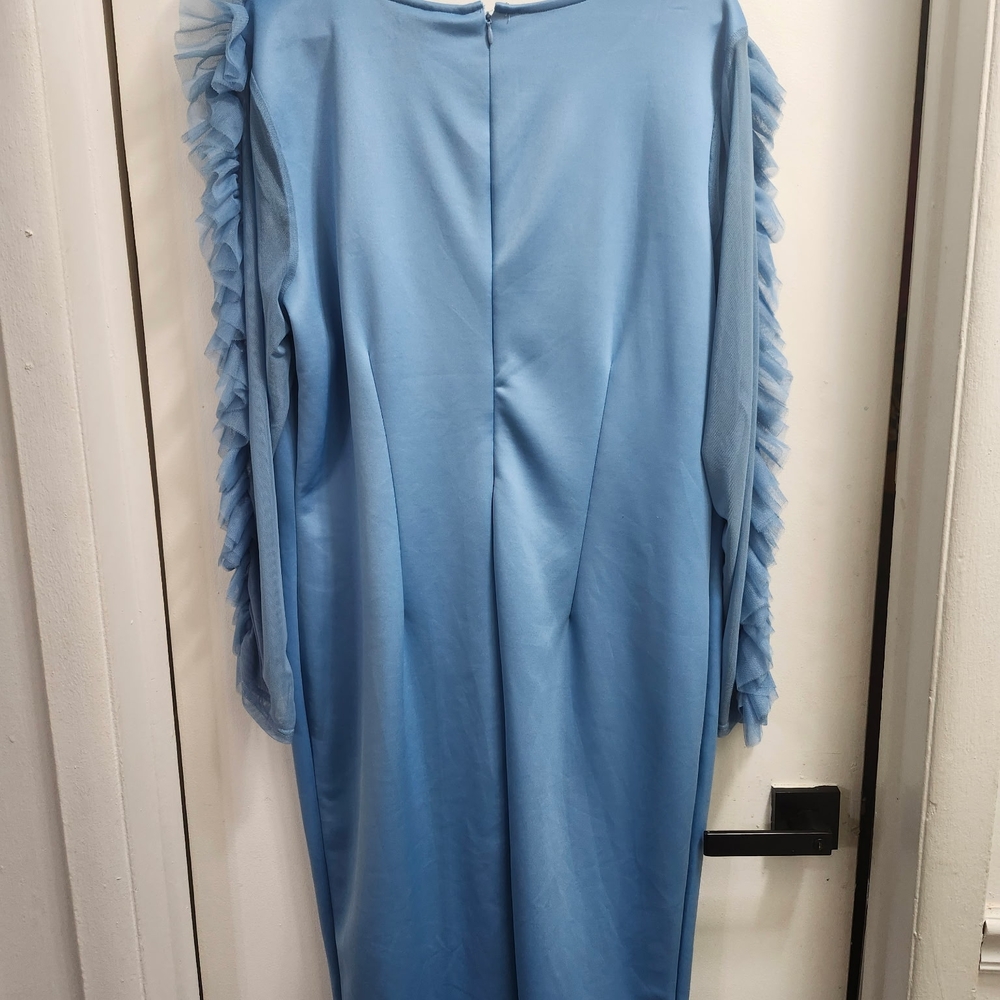Ashley Stewart Elegant Blue Dress with Ruffle Sleeves - Picture 2 of 4